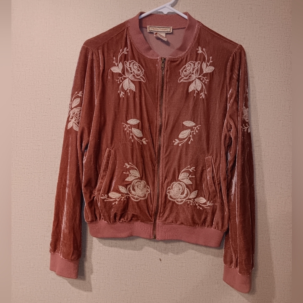 Flying Tomato Dusty Rose Velvet Floral Embroidered Bomber Jacket